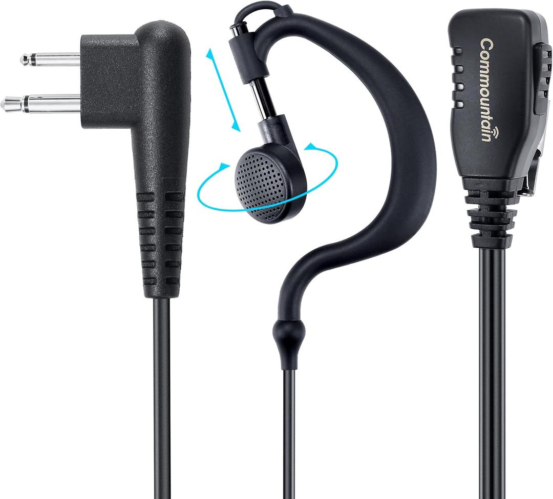 Commountain Earpiece w/Mic Compatible with Motorola Walkie Talkies & Radios R2 CP100D CP185 CP200D CP200 CLS1410 CLS1110 BPR40 BPR40D RDU4100 RMU2040 RMU2080D and More, G Shape Earhook Headset, 2 Pin (For Users Below 6 Feet Tall)