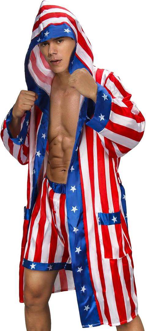 NIHONCOS Mens Boxing Costume Satin American Flag Robe with Hood Shorts Belt Cape Halloween Cosplay Outfit