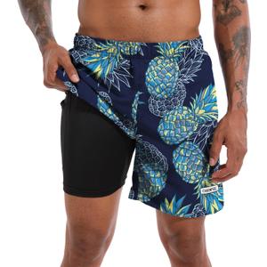 CHEXPEL Men's Swim Trunks Quick Dry Beach Shorts with Pockets and Compression Liner 7 Inch Inseam Bathing Suits (Pineapple), 3XL