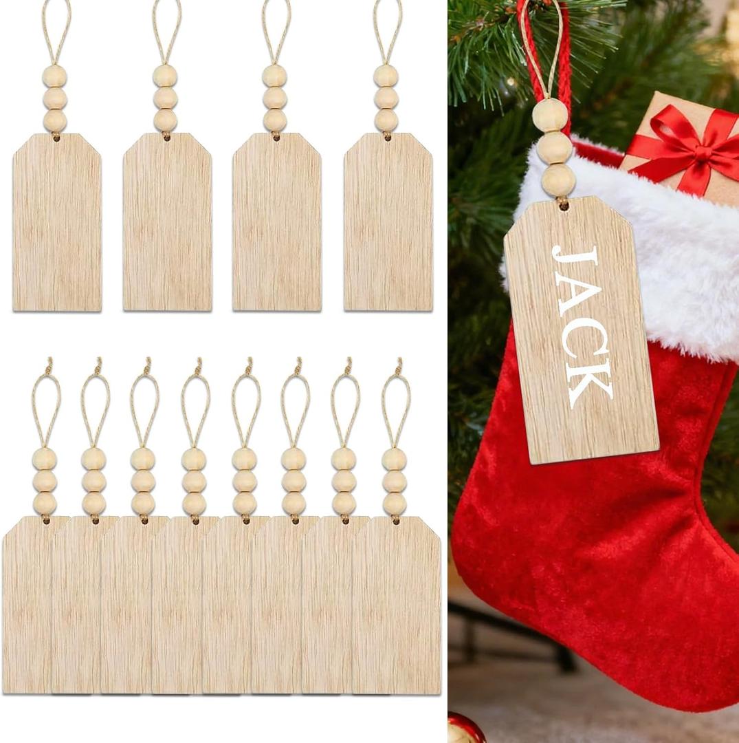 Christmas Hanging Decorations - 12PCS Christmas Stocking Name Tags for Family Members, Personalized DIY Farmhouse Wooden Stockings Tags, Pre-Strung Wooden Gift Tag with Beads for Xmas Stocking Decor