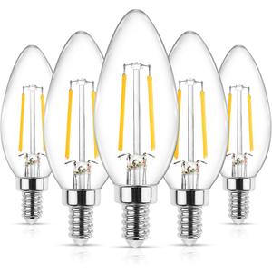 Ascher E12 LED Classic Candelabra Clear Light Bulb, 4W, Equivalent 40W, Warm White 2700K, Non-Dimmable, Filament Clear Glass, Pack Of 5