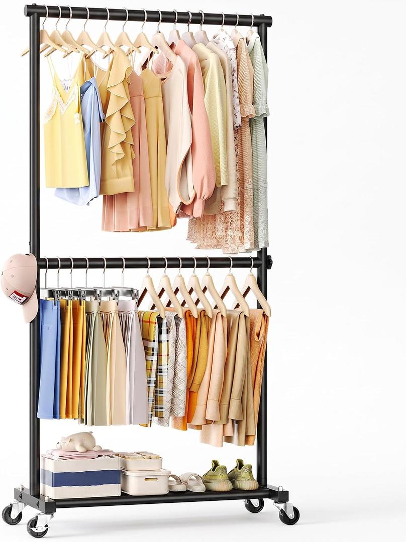 Double Rod Clothes Rack, 35" Wide Hanging Rack for Clothes, Portable Clothing Racks for Hanging Clothes, Rolling Garment Racks with Wheels for Bedroom Closet, Black