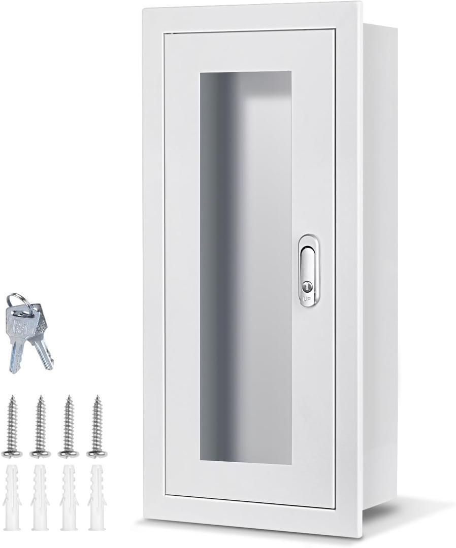 Semi Recessed Fire Extinguisher Cabinet for 5-12 pounds Extinguisher, White Baked Enamel Steel Fire Extinguisher Mount with Lock for Indoor Outdoor, Wall Cabinet with Full Clear Acrylic Door