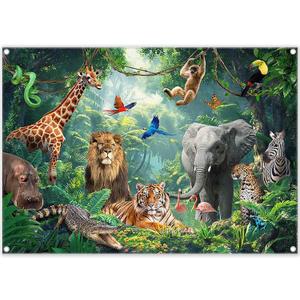Fabric 7x5ft Jungle Forest Animals Photography Backdrop Tropical Rainforest Safari Background Wild Party Decorations Kids Event Photo Banner Props