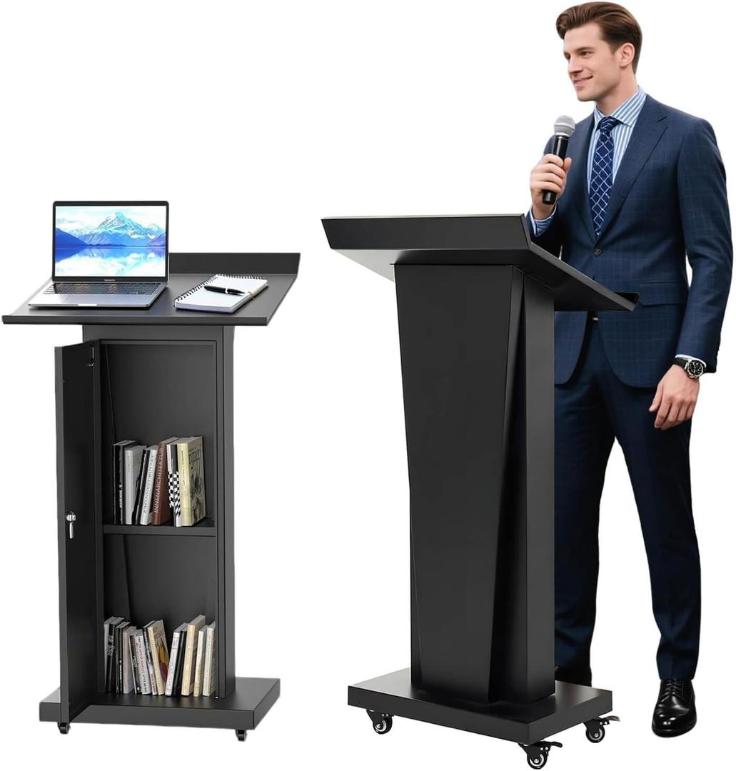 Podium Stand with 4 Locking Wheels, Rolling Lectern with Storage, Podium with Shelves, 50.4" H Black Lectern Podium Teacher, for Public Speaking, Church, School, Office and Conference