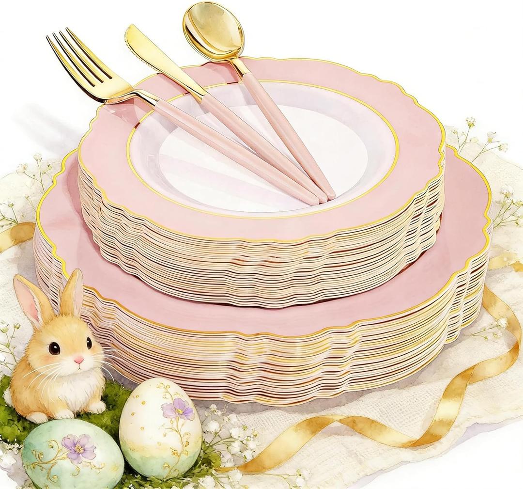 WDF 30Guest Pink Plates Disposable - High-end Baroque Design - Gold Plastic Silverware with Handle-Baroque Pink &Gold Plastic Dinnerware for Baby Shower Wedding Spring Easter (large and small)