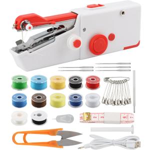 Mini Handheld Sewing Machine for Beginners, Portable Electric Stitcher, Complete Kit, Dual Power (White Red)