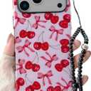 Compatible with iPhone 17 Pro Max Case,Cute Pink Cherry Bow Soft 2 Layers Women Girls with Lovely Strap Bracelet Chain Cover