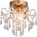 Q&S Mini Chandelier Crystal Ceiling Light, Small Flush Mount Gold Light Fixture for Entryway Bedroom Bathroom Hallway Closet E26