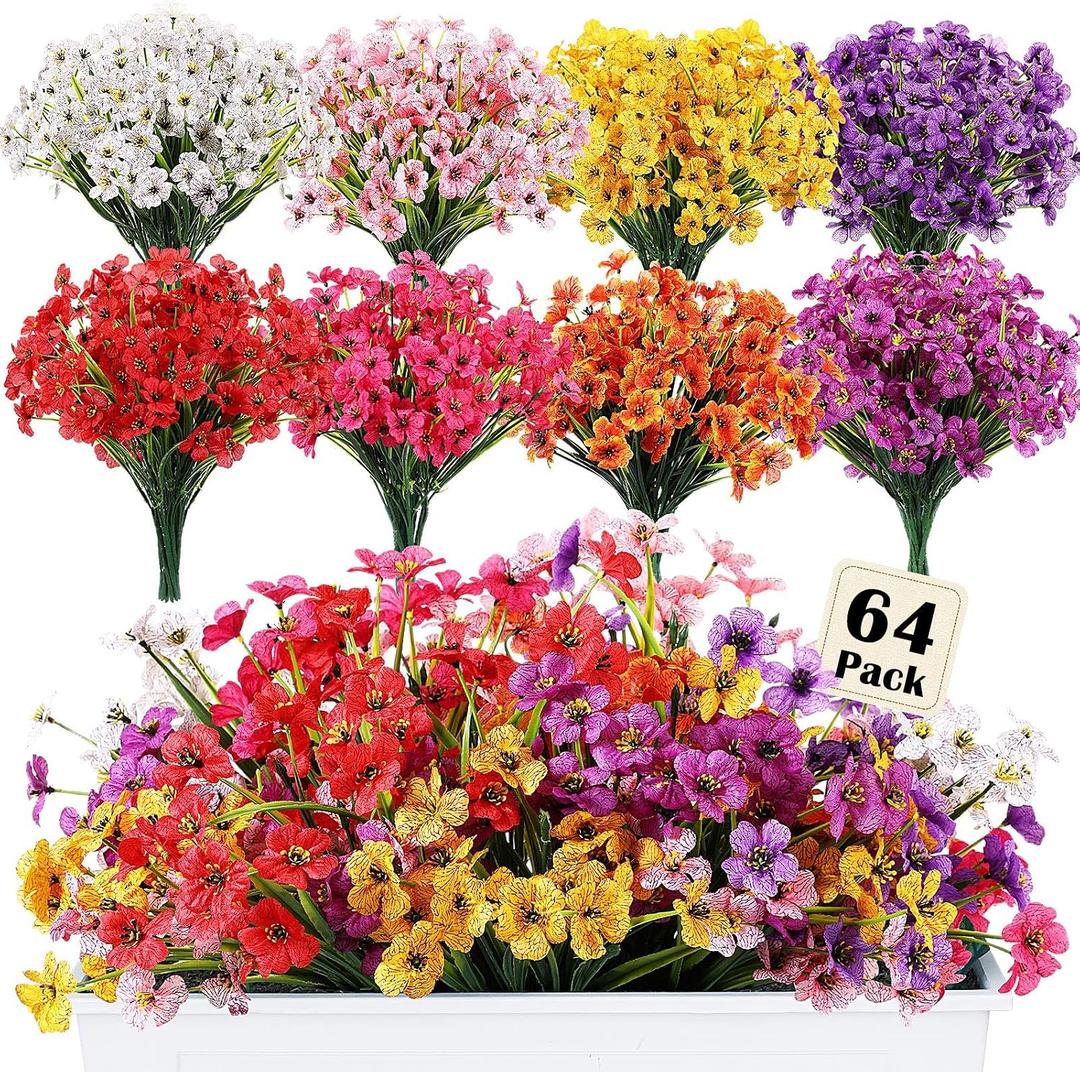 Suncalla 64 Bundles Artificial Flowers for Outdoors, UV Resistant Artificial Faux Silk Flowers, Mixed Color Realistic Faux Silk Flower for Spring Summer Decoration Indoor Outdoor Planters Garden Porch