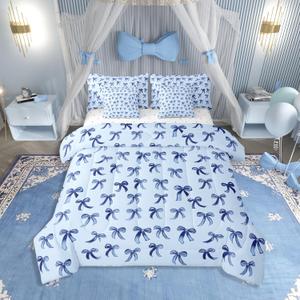 Erosebridal Blue Bow 7-Piece Bedding Set Twin Size Teen Girl Coquette Bow Comforter Set with Sheets Modern Trendy Cute Bowknot Bed in A Bag for Preppy Princess Fashion Bowknot Quilt Duvet Bed Sets