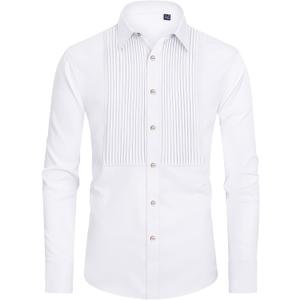 J.VER Men's Tuxedo Shirt Formal Dress Shirt Pleated Long Sleeve Button Down Shirts for Prom Party Wedding M
