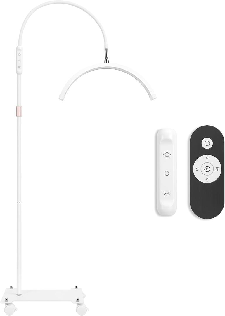 Lash Light for Eyelash Tech with Wheels, Half Moon Light for Lashes, Nails and Estheticians, LED Floor Lamp Adjustable Brightness and Color Modes (White) (White with Wheels)