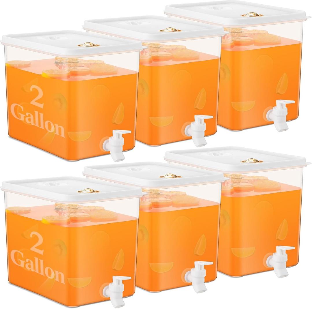 Domensi 6 Pack 2 Gallon Drink Dispenser for Fridge with Spigot Water Dispenser Leak Proof Lids Filter Screen Beverage Juice Container Sealed Plastic Lemonade Milk Cold Hot Drink Tea Jug for Party