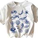 Girl's Graphic Print Tee Shirt Round Neck Short Sleeve T Shirts Summer Cute Trendy Tops (White and Blue)