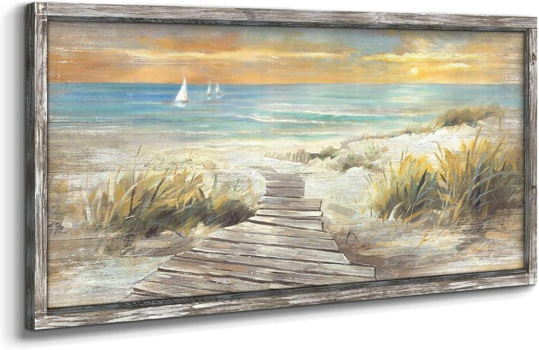 Beach Pathway Wall Art Framed: Coastal Wooden Artwork Hand Painted Seaside Painting Seascape Pictures Bedroom(40X20)