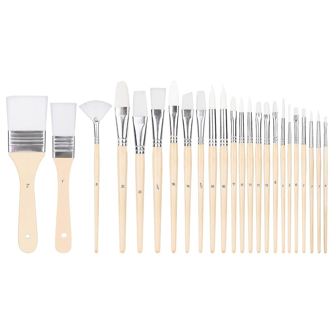 Amazon Basics Multi-shaped Polyester Paint Brushes for Acrylic, Oil, Watercolor, Gouache, Fine Detailing, Face Painting, 24 Count Different Sizes, Wood Color
