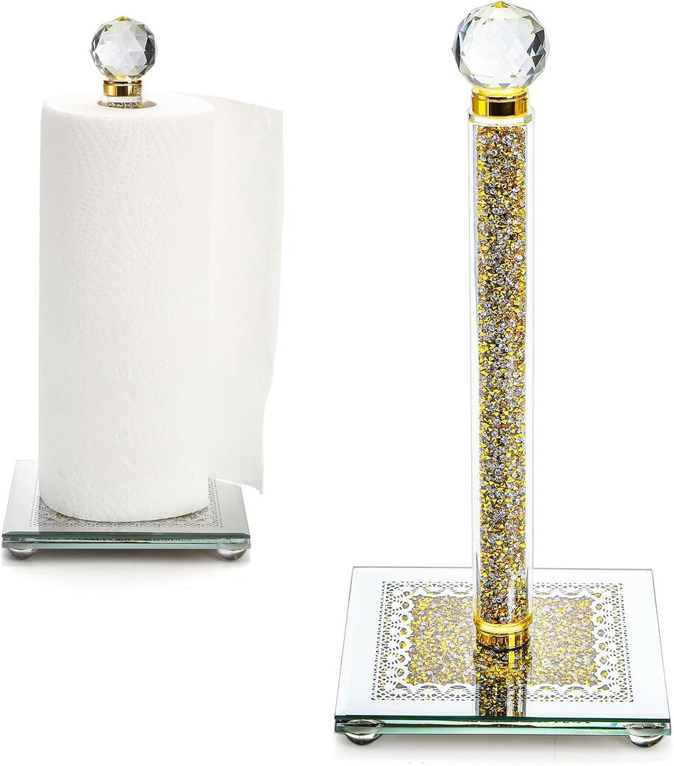 Paper Towel Holder, Gold Paper Towel Roll Dispenser Stand Weighted Base Non Slip Filled with Sparkly Crystal Crushed Diamond House Decor for Home Kitchen Countertop Tabletop