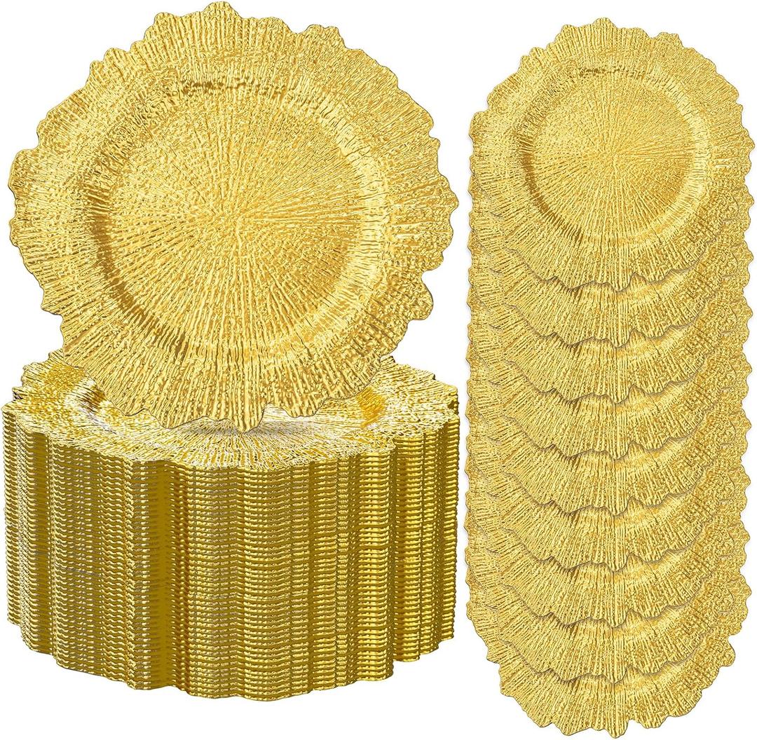 ejonirinjonir EI 50pcs Gold Charger Plates,13 Inch Charger Plates Bulk,Round Ruffled Rim Chargers for Dinner Plate,Table Chargers for Wedding,Party