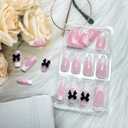 4 x 24 Pcs Pearl Shine Medium Square Fake Nails with Bow Designs, French Tip Glue On Nails, Reusable Black Bows, Full Cover Nude Artificial Nails for Women & Girls