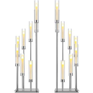 Dandat 41.5" Tall Floor Candelabras, 8-arm Cluster Standing Candle Holders with Clear Acrylic Shades, Silver Wedding Centerpiece Candelabra for Flameless/LED Taper Candles, Party & Event Decor(2 Pack)