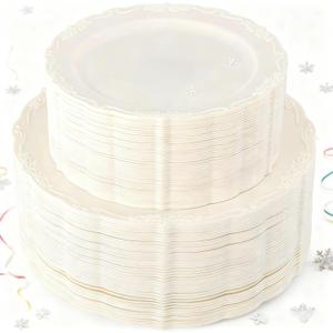 U-QE 100 Pieces Ivory Plastic Plates for Party - Ivory Disposable Plastic Plates - Heavy Duty Disposable Platos Including 50 Dinner 10 '' & 50 Dessert 7.5 '' for Christmas
