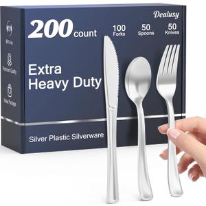 200 Count Heavy Duty Silver Plastic Silverware, 100 Forks, 50 Spoons, 50 Knives, BPA-Free, Heat Resistant, Disposable Plastic Utensils Set Cutlery Set, Plasticware Bulk