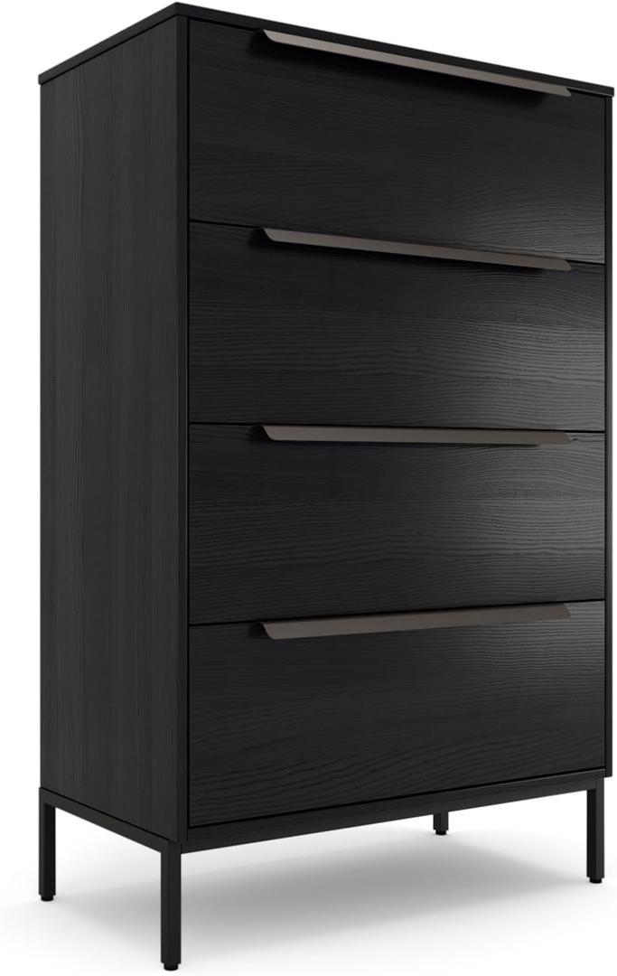 tinge Lira Premium 4 Drawer Fabric Dresser - Engineered Wood Frame Chest of Drawers for Bedroom - Strong & Sag-Proof Clothing Organizer with Sleek Metal Handles (Black), 11.8"D x 23.4"W x 36.5"H