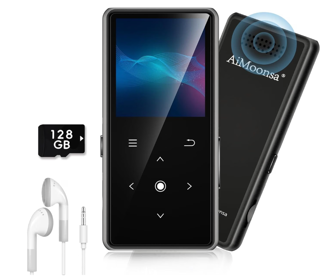 128GB MP3 Player with Bluetooth 5.2, AiMoonsa Music Player with Built-in HD Speaker, FM Radio, Voice Recorder, HiFi Sound, E-Book Function, Earphones Included