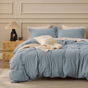 Bedsure 100% Washed Cotton Duvet Cover Queen Size - Dusty Blue Minimalist Cotton Bedding Linen Like for All Seasons - GentleSoft Plain Simple Duvet Cover, 3 Pieces (Dusty Blue, Queen, 90"x90")