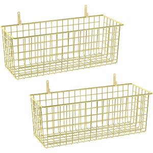 2 Sets Extra Large Hanging Wall Basket, Gold Metal Wire Baskets with Steel Hooks for Organizing, WallmountedFruit Vegetable Toy Snack Storage, Home Kitchen Bathroom Laundry Pantry Organizer