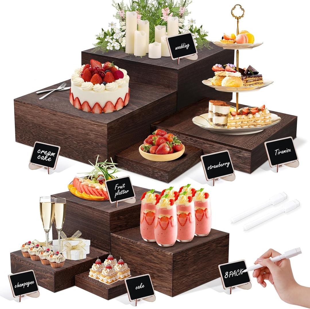 8 Size Nested Buffet Risers with Mini Signs, 8PCS Rustic Wooden Cake & Dessert Display Set, Vintage Wood Crates for Party, Wedding, Baby Shower Table Decor