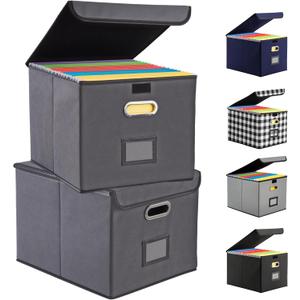 Collapsible File Box with Lid & Plastic Slide - Hanging Document Organizer for Office/Home, 14.96x12.6x10.83 Inch,Dark Grey, 2 Pack (No Folders Included)