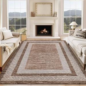 GarveeHome Area Rug 8x10 Modern Geometric Living Room Rug Non Slip, Thin Washable Carpet, Soft Non Shedding Foldable Floor Covering, Low Pile Thin Printed Mats for Bedroom Office, Brown