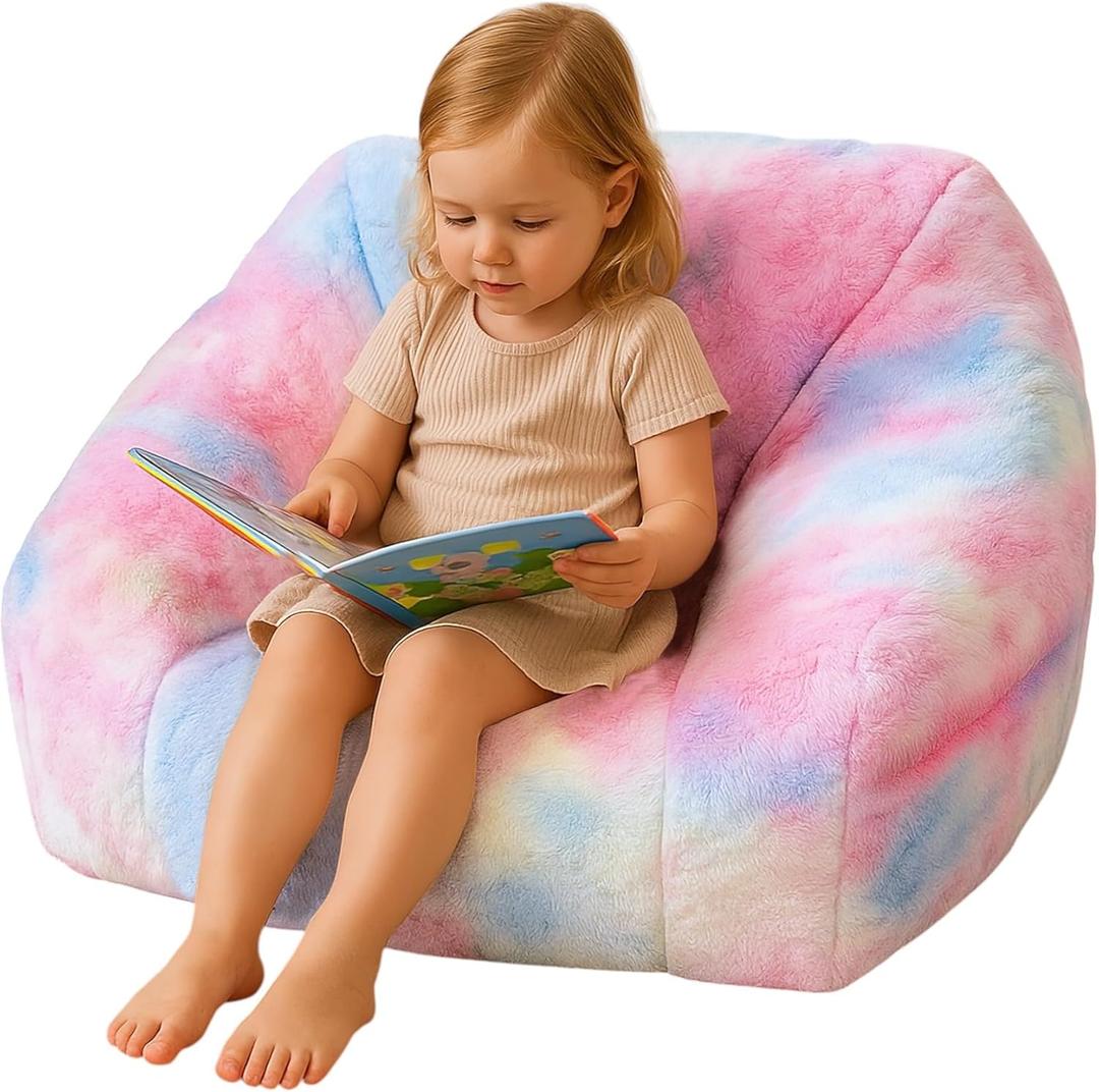 27 Inch Soft Faux Fur Bean Bag Chair with Sponge Filling Ergonomic Lounge Chair for Teens, Comfortable Rainbow Color Bean Bag for Bedroom, Living Room, Dorm (Set of 1)