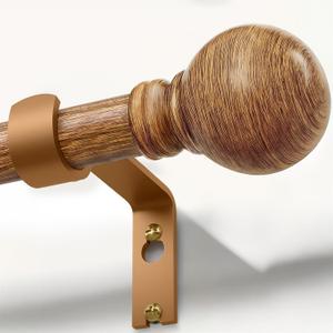 Boho Wood Curtain Rods for Windows 48 to 84 inch 1" Diameter Adjustable Heavy Duty Window Curtain Rod with Decorative Wooden Grain Finials Drapery Rods for Living Room Bedroom Kitchen Farmhouse
