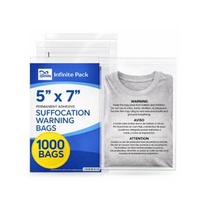 Infinite Pack 5 X 7 1000 CT Self Seal Clear Poly Bags with Suffocation Warning for Retail Packaging, Shipping Permanent Adhesive