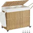 SONGMICS Laundry Hamper with Lid, 42.3 Gallons (160 L), Rolling Laundry Basket with Wheels, 3-Section Synthetic Rattan, Removable Liner, Bedroom, 29.9 x 13 x 26 Inches, Natural ULCB365N01