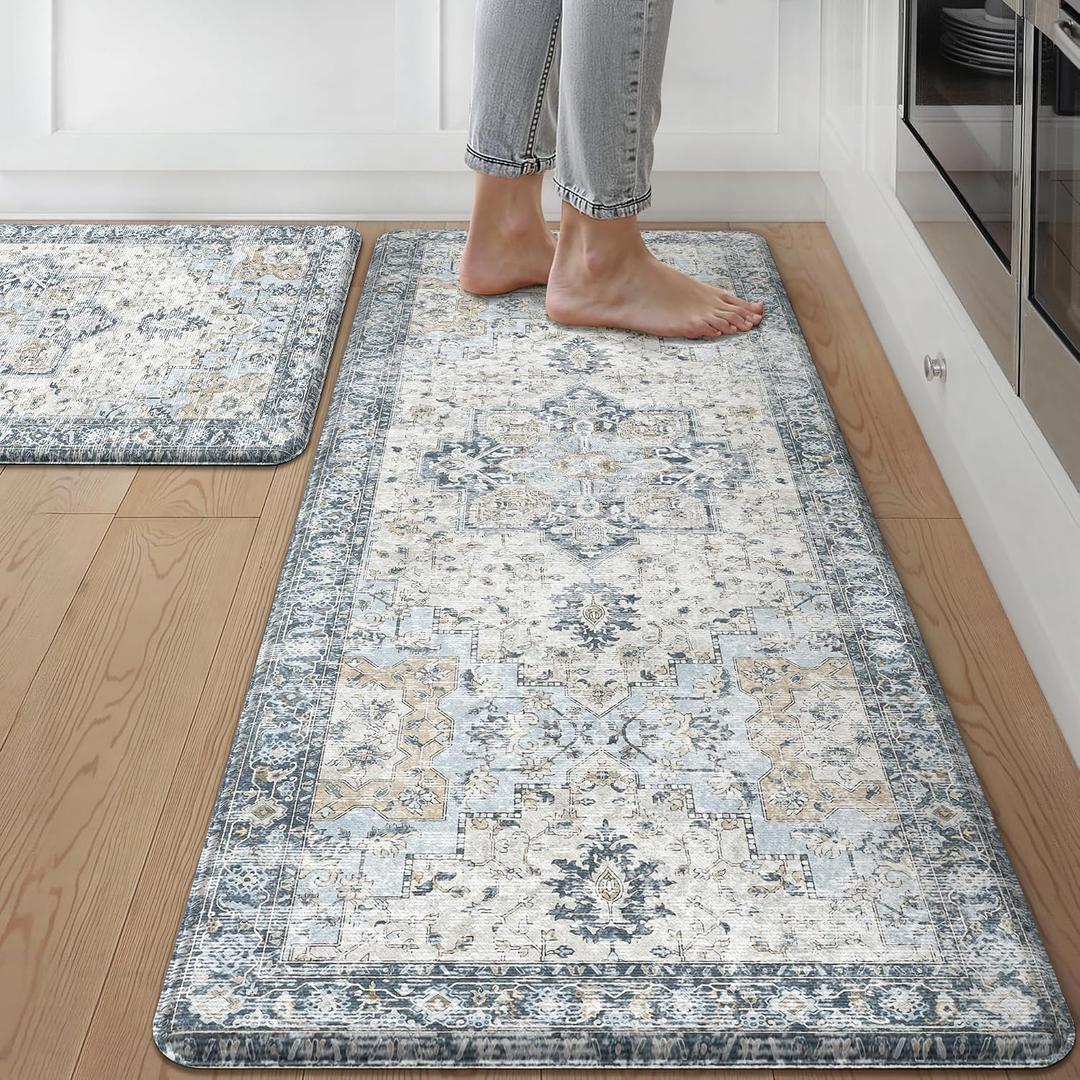 GENIMO Kitchen Mats for Floor 2PCs, Washable Anti Fatigue Mat for Cushioned, 20"x48"+20"x32", Waterproof Kitchen Rugs, Non Slip Comfort Standing Mat Rug for Home, Sink, Laundry, Light Blue