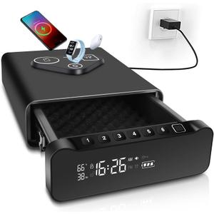 Fingerprint Biometric Gun Safe, Clock Handgun Safe with 3-in-1 Watch & Phone Wireless Charging, Drawer Lock for Hand guns, Cash, Valuables- with Humidity |Temperature| Alarm Clock| Time