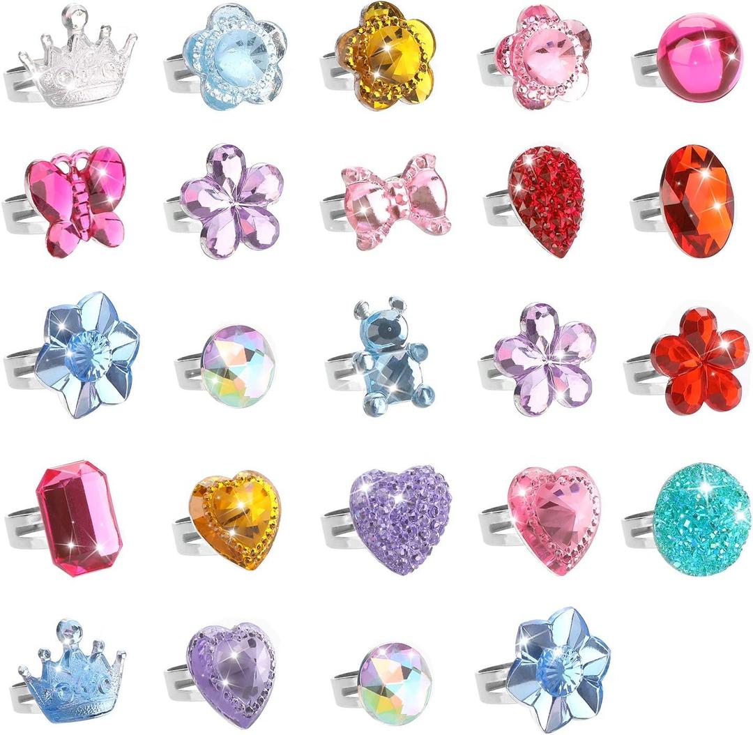 Hifot 24 pcs Girls Crystal Adjustable Rings, Princess Jewelry Finger Rings with Heart Shape Box, Girl Pretend Play and Dress up Rings for Children Kids Little Girls - Random