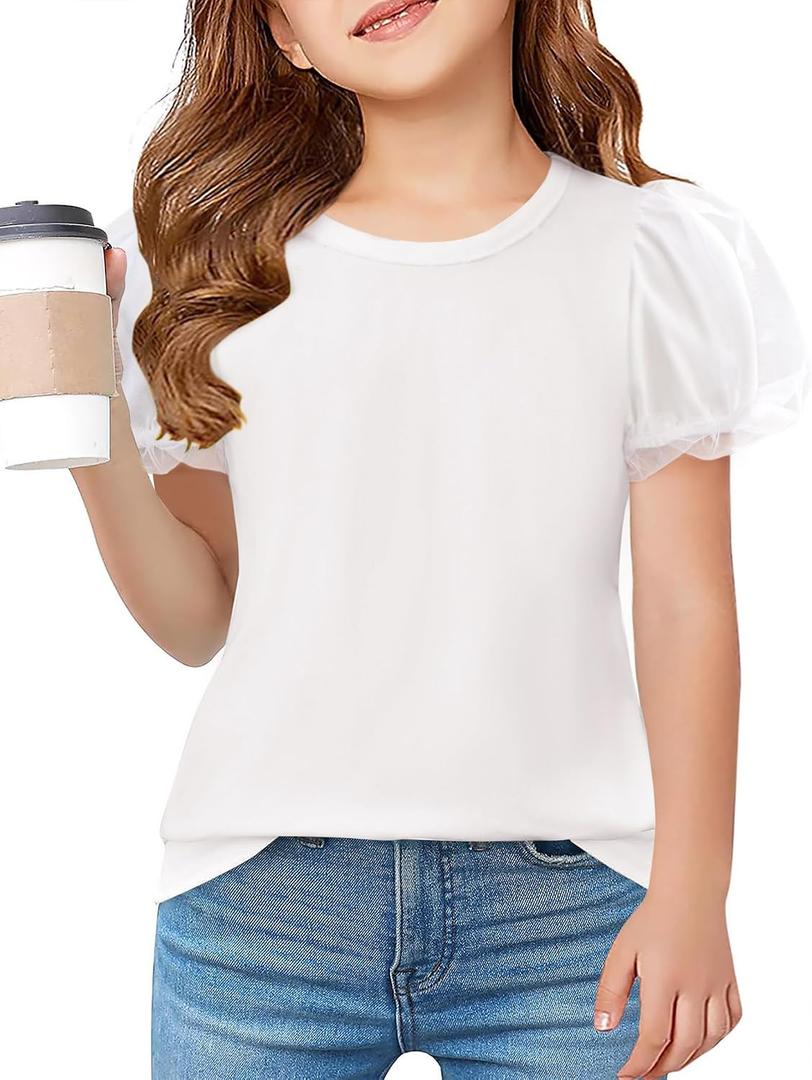 Arshiner Girls Shirts Size 10-12 Puff Short Sleeve Shirt for Girls Crew Neck Casual Blouse Summer Kids Tops Size 10-12 White