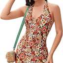 Floerns Women's Sleeveless Halter Backless Tie Back Floral Bodycon Mini Dress Brown Multi S