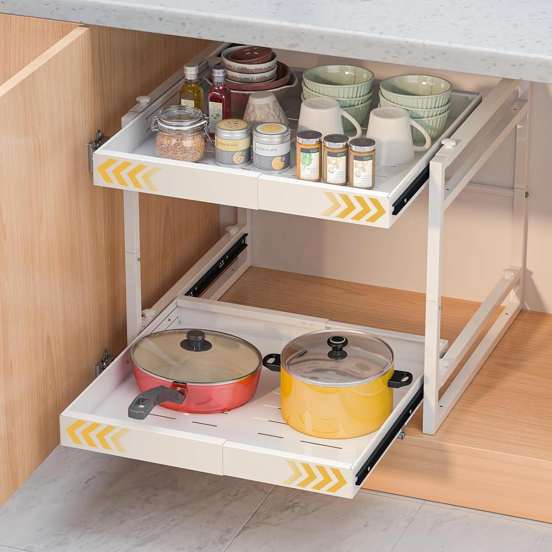 REALINN 2 Tier Pull Out Cabinet Organizer, 21 inch Depth Slide Out Shelves, Expandable 14"-22.5" Wide Heavy-Duty Cabinet Drawers for Kitchen Pots, Pans & Pantry Storage, White