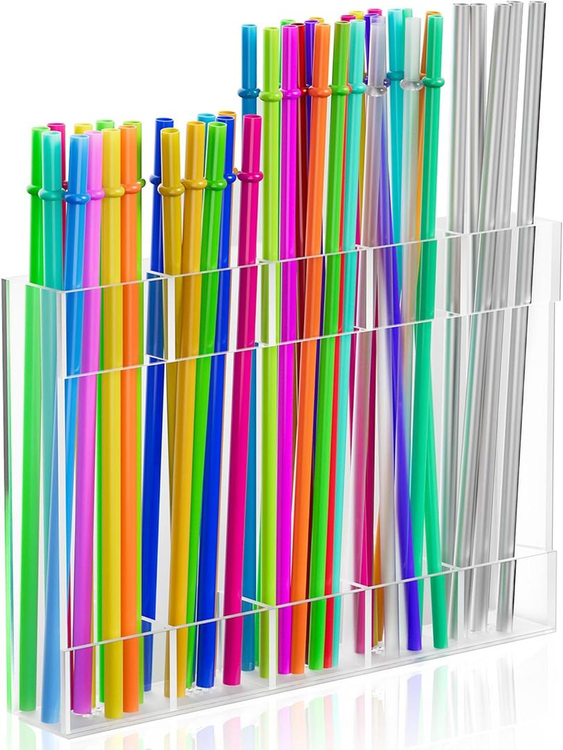 Straw Holder for Cabinet Door,9.5" Large Acrylic Straw Organizer Storge Container with Ultra Sticky Adhesive Strips for Cabinet or Countertops,Space-Saving  Easy to Install (Clear)