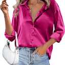 HOTOUCH Women Satin Silk Button Down Shirt Ladies Long Sleeve Tops V Neck Loose Blouse Dressy Business Casual Work Tunic Fall, A-hot Pink, X-Large