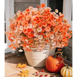 Fake Mums Fall Artificial Flowers Plants for Outdoors Autumn Decoration, 12 Bundles Silk Morning Glory with Eucalyptus Realistic UV Resistant Faux Mums for Outside Planter Yard Garden Home Indoor, Mix (2 Mixed Color(6 Orange, 6 Light Orange))