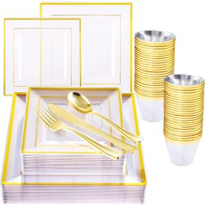 WELLIFE 150 Pieces Gold Plastic Square Plates, Clear Square Plastic Plates with Gold Trim, Includes: 25 Dinner Plates10.25, 25 Dessert Plates7.5, 25 Cups 9 OZ, 25 Cutlery