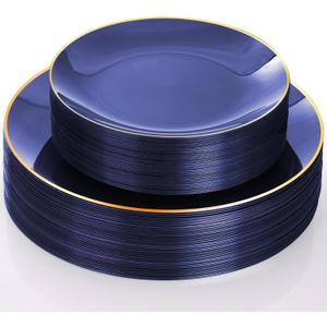 40 Pcs Blue Plastic Plates, Navy Blue Plates Disposable With Gold Rim, Blue Plates Heavy Duty for Patriotic Day Graduation Party Birthday Wedding