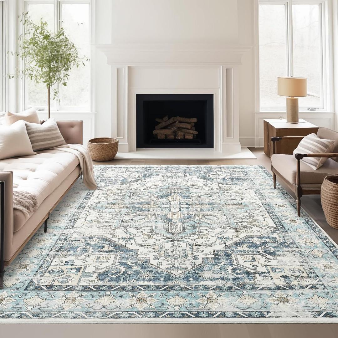 zesthome 8'x10' Area Rugs-Washable Rug for Living Room, Non-Slip Backing Rugs, Stain Resistant 8'x10' Rug for Bedroom, Ultra-Thin Low Pile Rugs, Vintage Large Home Decor (Blue/Ivory)